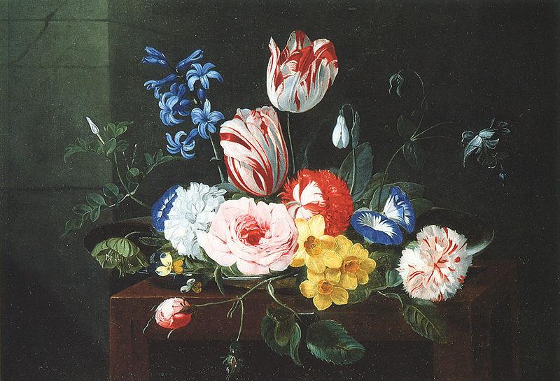 Jan van den Hecke Assiette de fleurs posee sur un entablement oil painting image